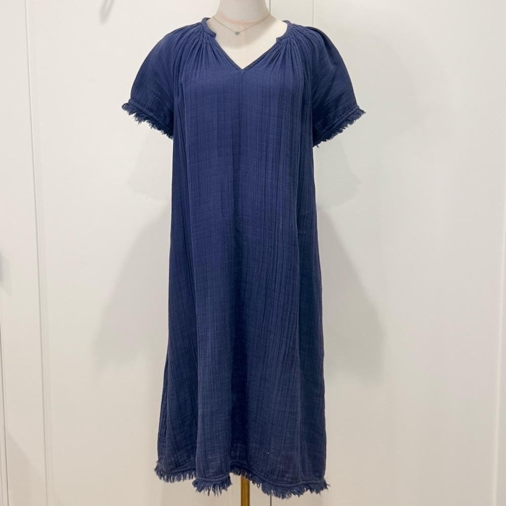 Voloshin Cotton Gauze Midi Dress XS Navy Boho Fringe Hem Lagenlook Beachy Chic - Picture 2 of 10